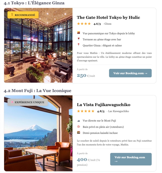 Exemple de recommandations d'hébergements avec liens