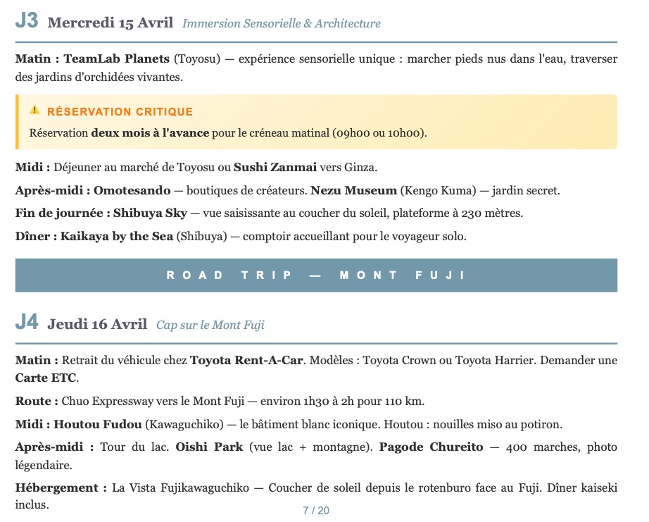 Exemple d'itinéraire jour par jour dans un guide Murphy