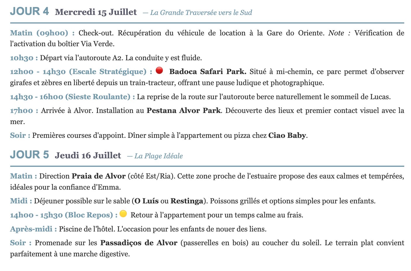Itinéraire jour par jour avec bloc repos intégré